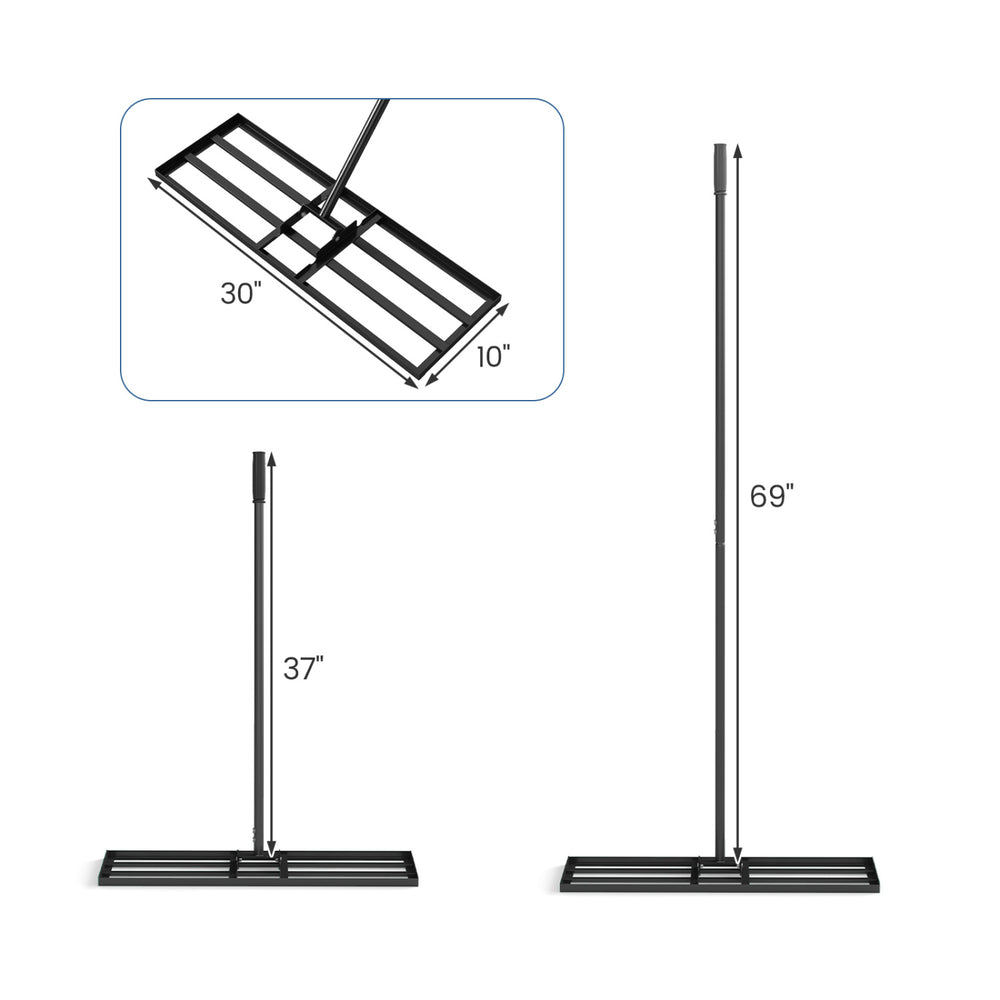 Heavy duty lawn level tool with a 30 x 10 inch rake plate and 69 inch handle, ideal for efficient leveling in gardens.