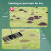 Lawn leveling rake with ergonomic handle showing before and after results for an even lawn surface in a garden.