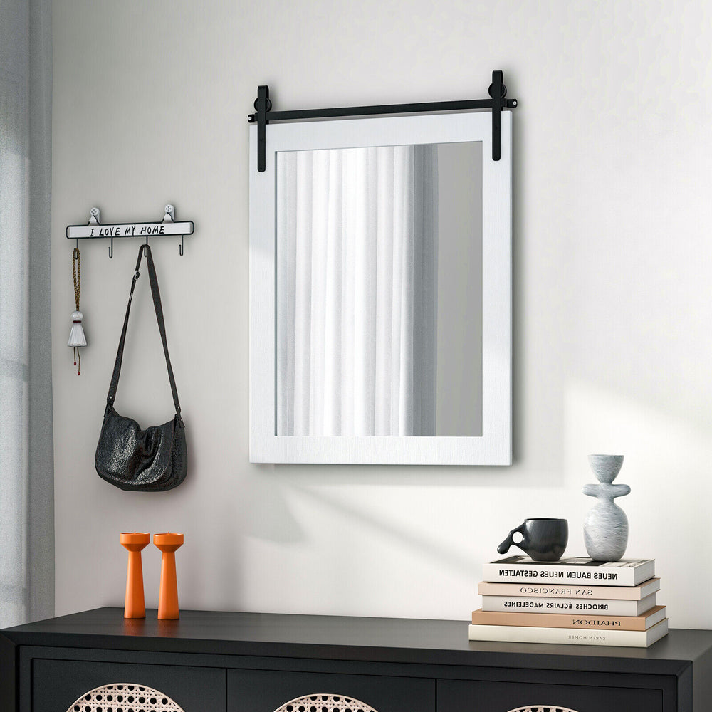 Wall mount mirror with white wood frame and black metal bracket, ideal for rustic decor in bedrooms or living rooms.