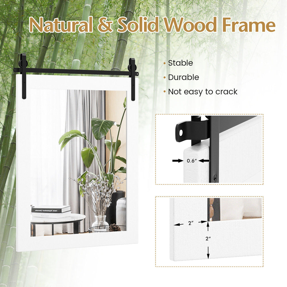 30 x 22 inch wall mount mirror with a solid white wood frame and black metal bracket, ideal for rustic home decor.