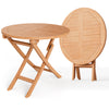 Round 31.5-inch folding coffee table made of teak wood, featuring an X-shaped structure for stability, ideal for.