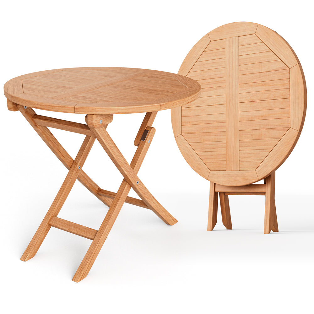 Round 31.5-inch folding coffee table made of teak wood, featuring an X-shaped structure for stability, ideal for.