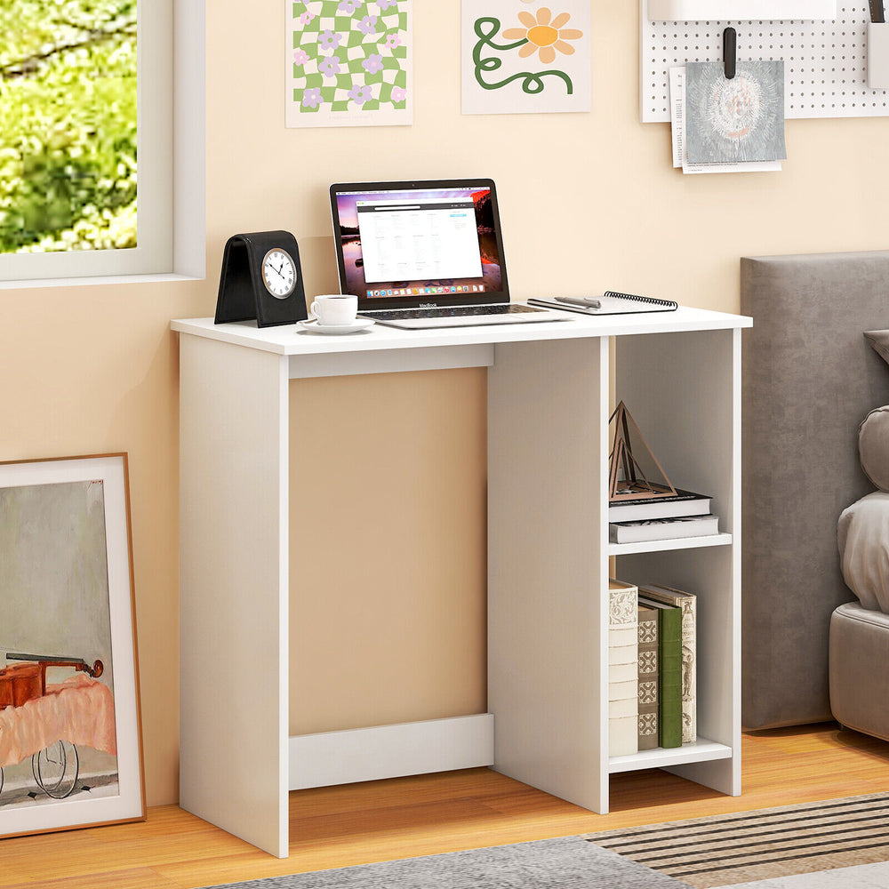 Modern 31.5-inch white home office desk with two compartments, ideal for organizing and blending into various decor.