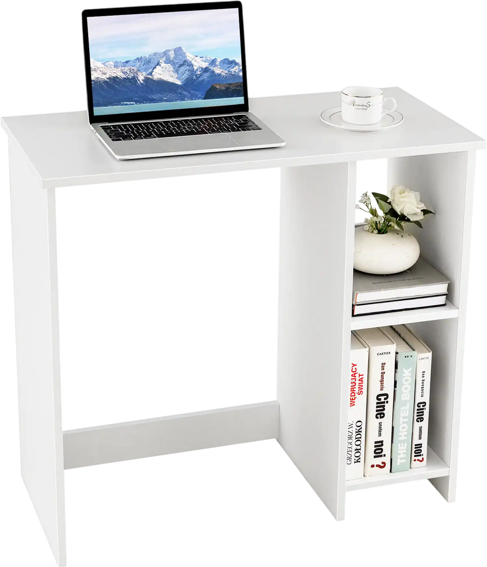 Modern white home office desk with 2 compartments, featuring sturdy design and anti-slip foot pads for scratch.