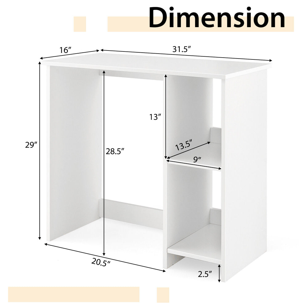 Modern white home office desk dimensions with 2 compartments, featuring sturdy design and anti-slip foot pads.