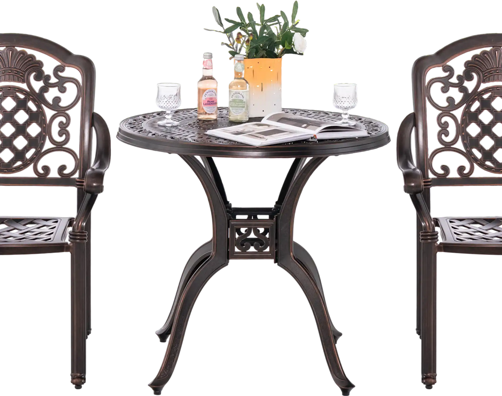 Round 31.5-inch cast aluminum patio dining table with umbrella hole, featuring elegant design for outdoor use.