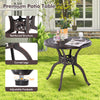 Round 31.5-inch cast aluminum patio dining table with umbrella hole and adjustable footpads, ideal for outdoor settings.