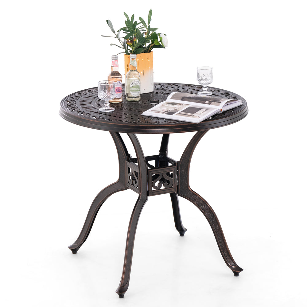 Round 31.5-inch cast aluminum patio dining table with umbrella hole, featuring a classic design for outdoor spaces.