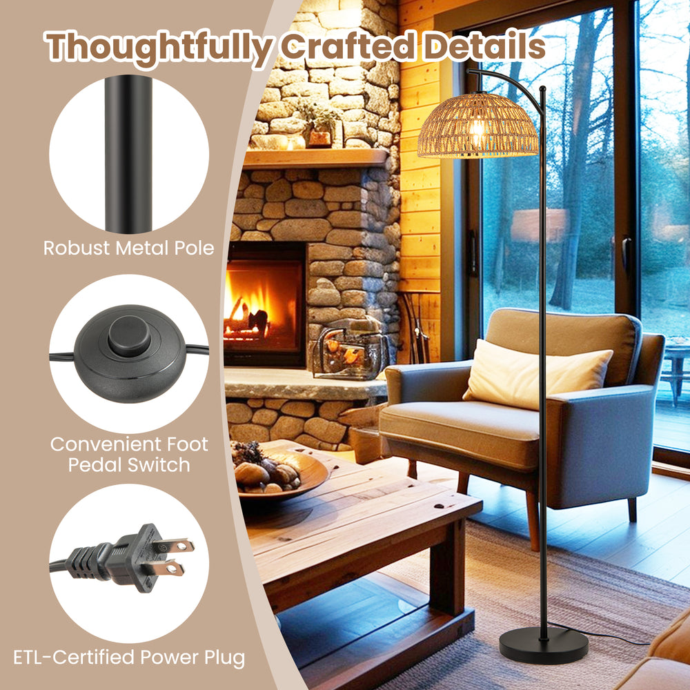 Arc floor lamp with a hanging lampshade, 63 inches tall, featuring a black metal pole and convenient foot switch for.