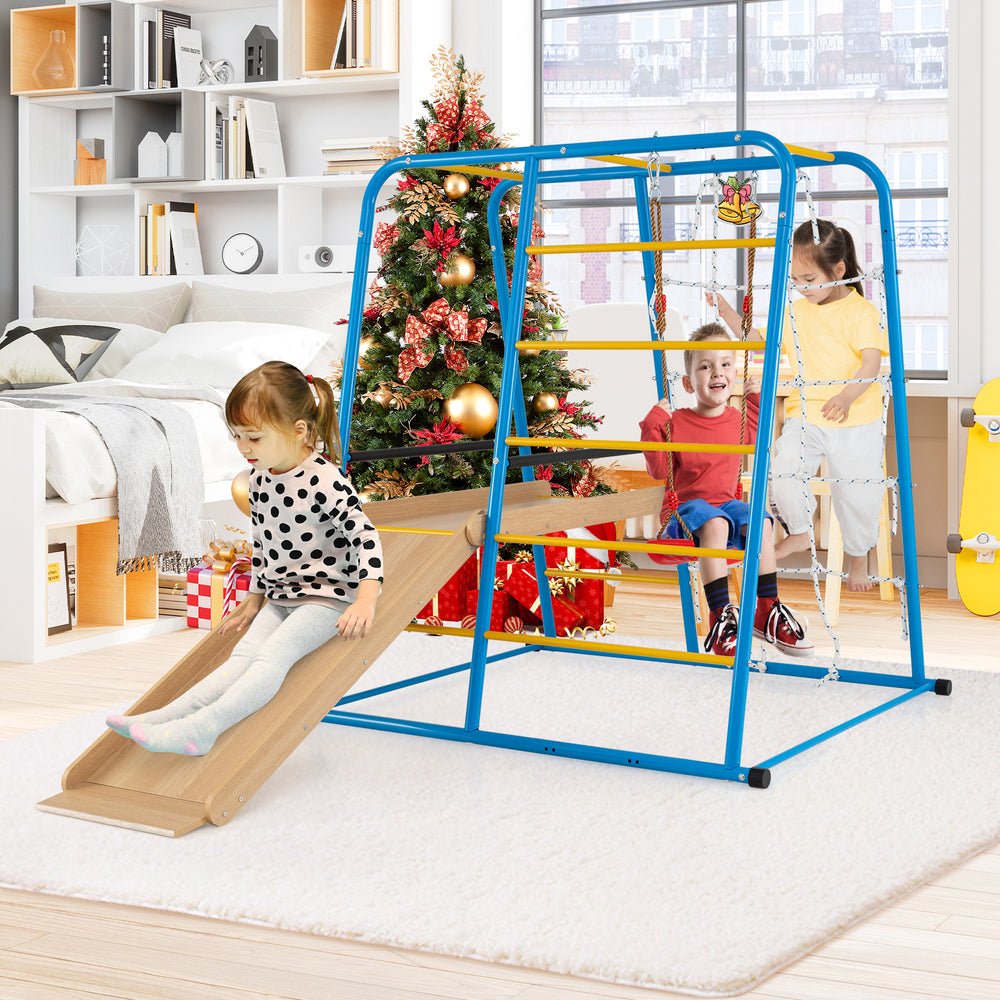 Indoor jungle gym with slide and swing for kids, featuring a blue metal frame and safety handrails, perfect for ages 3+.