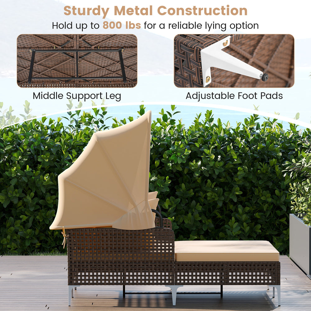 Outdoor daybed with retractable canopy in brown PE wicker, featuring sturdy metal construction and adjustable foot pads.