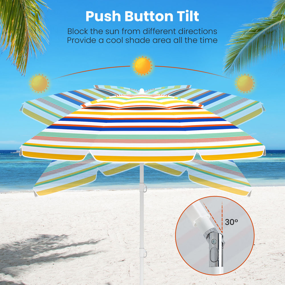 Colorful 6.5 feet beach umbrella with UPF50+ sun protection and push button tilt for easy shade adjustment.