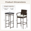 Product dimensions of a 3-piece outdoor bar set with 2 seat cushions, featuring a tempered glass tabletop and PE wicker.