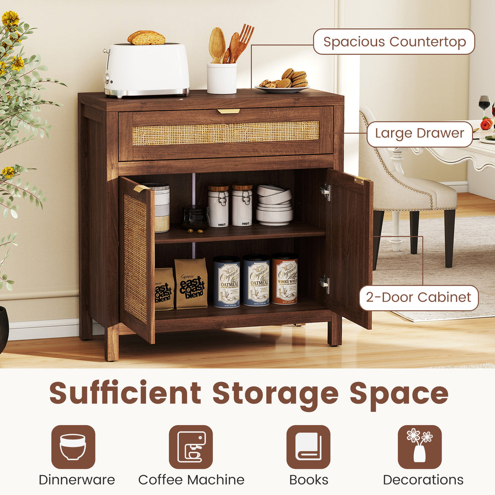 Sideboard storage cabinet with rattan doors, large drawer, and double-door cabinet for versatile living room.
