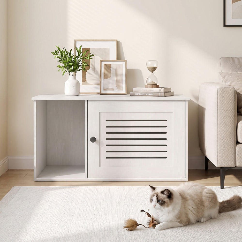 Cat litter box enclosure in natural/white with side entrance, spacious interior, and stylish design for versatile use.