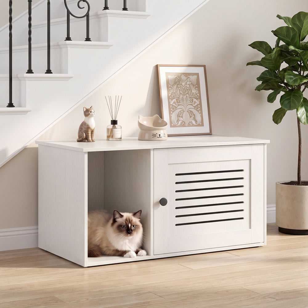 Cat litter box enclosure in natural/white with side entrance, spacious interior, and elegant design for versatile use.