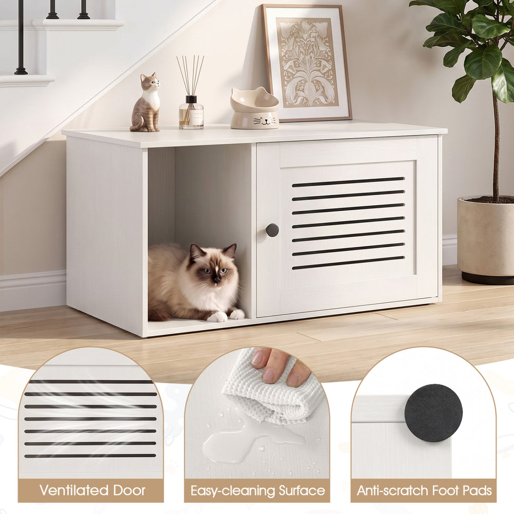 Cat litter box enclosure in natural/white with side entrance, ventilated door, and easy-clean surface for tidy homes.