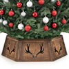 Rustic 31.5" Christmas tree collar features antler cutouts, designed for easy setup and compatible with various artificial trees.