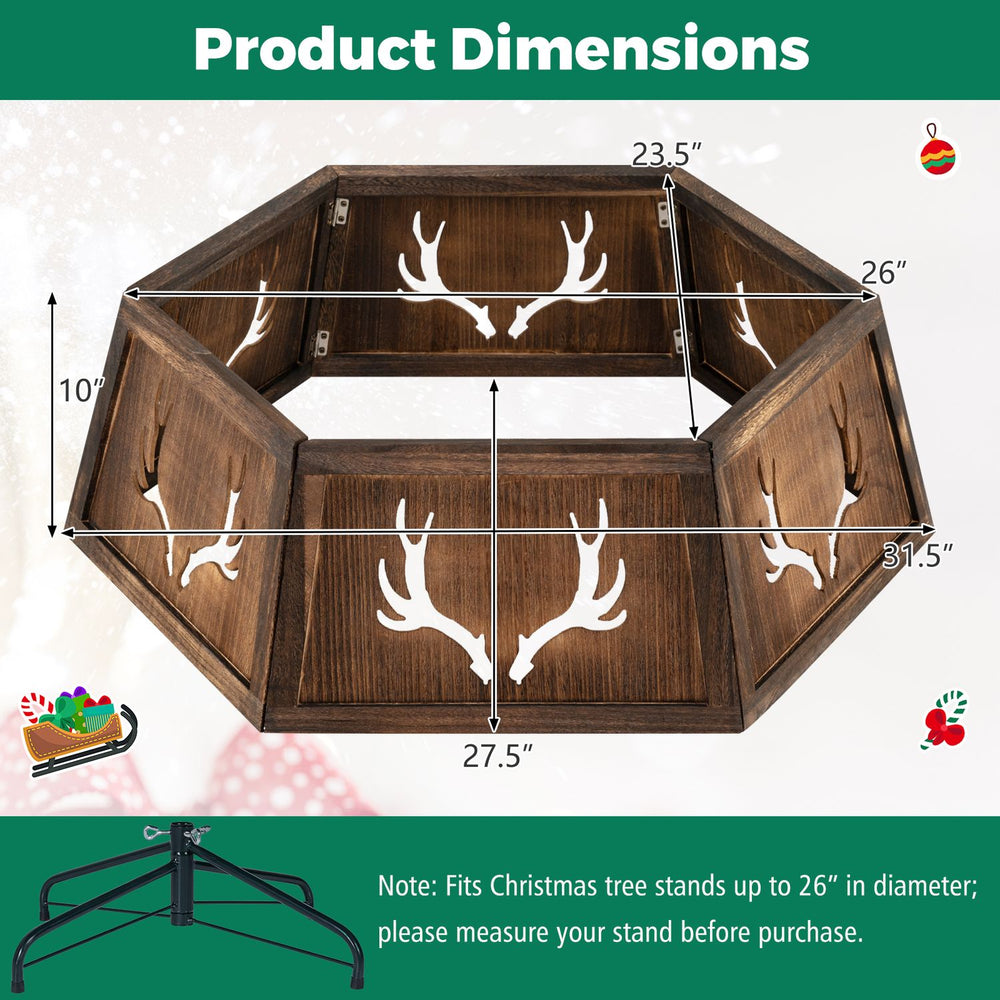 31.5" Christmas tree collar with antler cutouts, designed for easy setup and compatibility with most artificial tree stands.