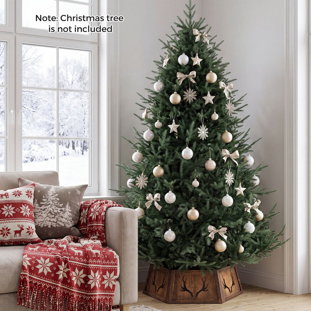 Antler-patterned Christmas tree collar fits 6/7.5/9 ft artificial trees, providing a rustic finish and tool-free setup.