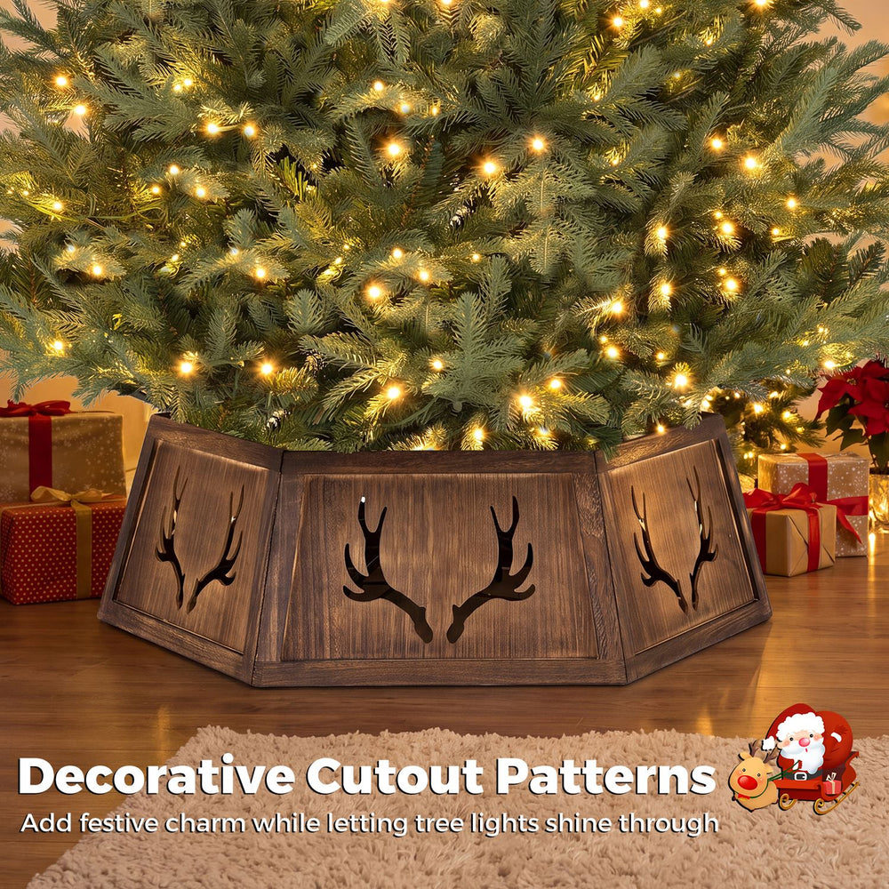 Rustic 31.5" Christmas tree collar with antler cutouts, designed for easy setup and compatibility with various artificial trees.