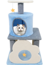Multi-level blue cat tree with cloud-shaped cave, star toy, and plush fabric for lounging and playful interaction.