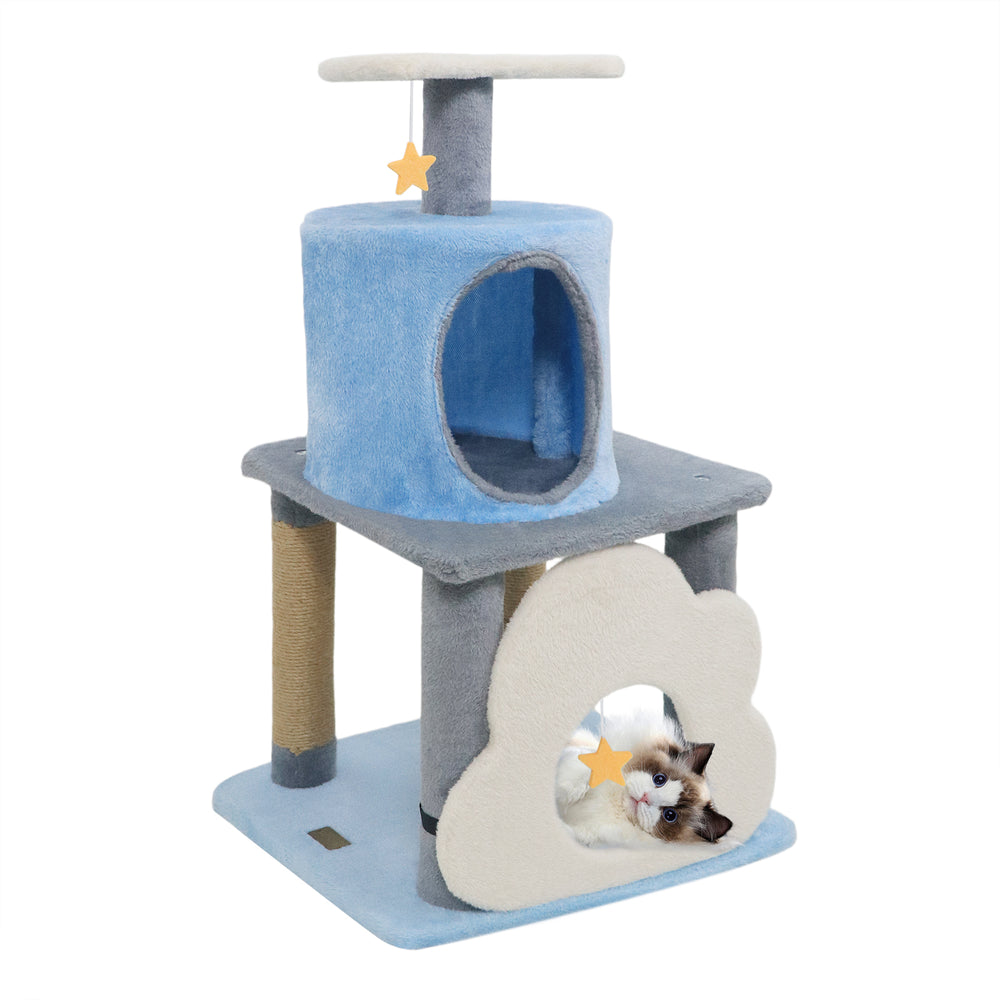 Multi-level blue cat tree with cloud cave, star toy, and scratching posts for playful lounging and climbing.