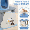 Multi-level cat tree in blue with moon-shaped perch, cloud cave, and star-shaped toys for playful lounging.