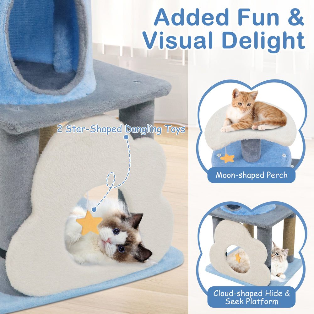 Multi-level cat tree in blue with moon-shaped perch, cloud cave, and star-shaped toys for playful lounging.
