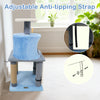 Multi-level blue cat tree with moon-shaped perch, large cave, and anti-tipping strap for stability and safety.