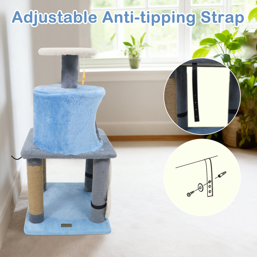 Multi-level blue cat tree with moon-shaped perch, large cave, and anti-tipping strap for stability and safety.