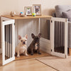 Wooden dog crate furniture with double lock doors, spacious tabletop, and powder-coated metal bars for durability.