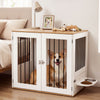 Wooden dog crate furniture with double lock doors, spacious tabletop, and stainless steel bowls for secure pet.