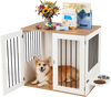 Wooden dog crate with double lock doors, spacious tabletop for storage, and stainless steel bowls for easy cleaning.