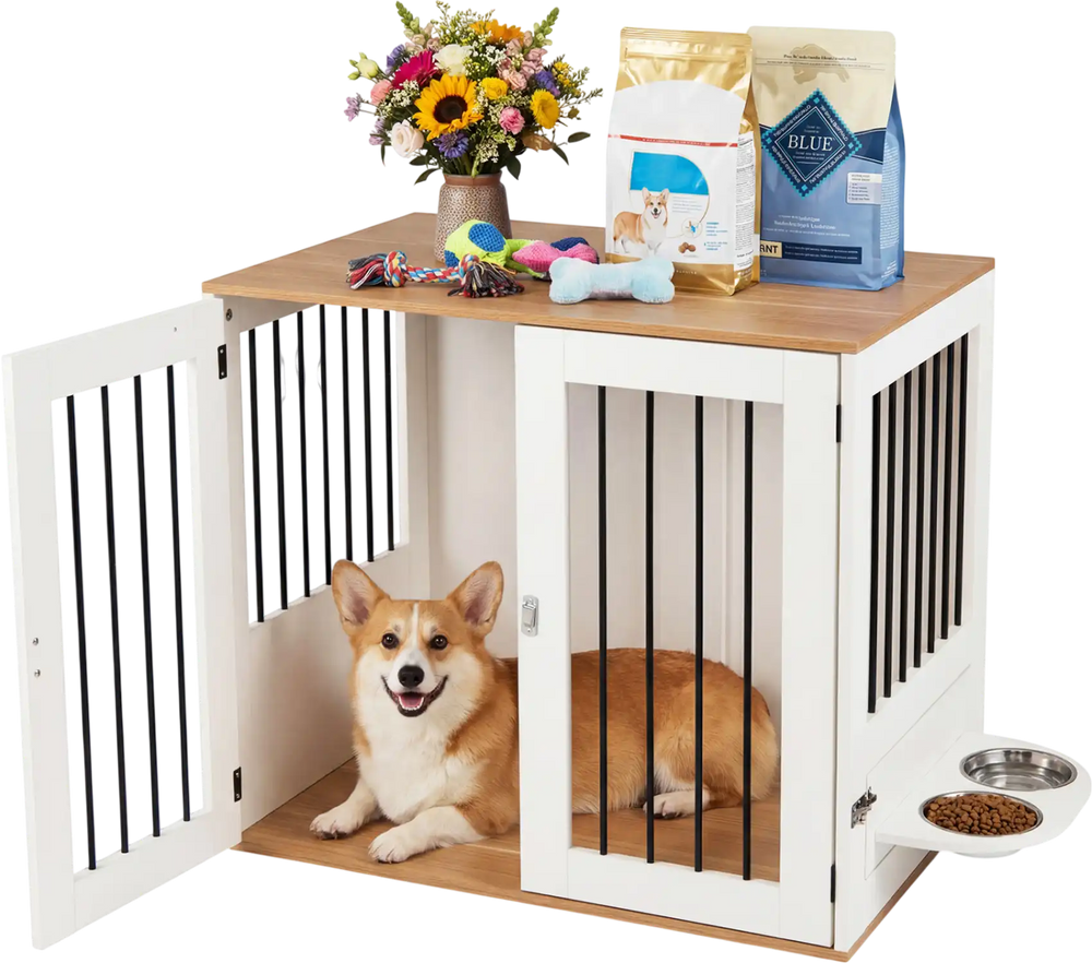 Wooden dog crate with double lock doors, spacious tabletop for storage, and stainless steel bowls for easy cleaning.