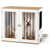 Wooden dog crate with double lock doors, stainless steel bowls, and spacious tabletop for pet supplies in white finish.