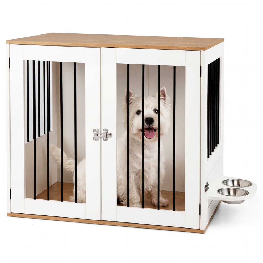 Wooden dog crate with double lock doors, stainless steel bowls, and spacious tabletop for pet supplies in white finish.