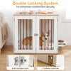 Wooden dog kennel with double lock doors, spacious tabletop, and stainless steel bowls for secure pet containment.
