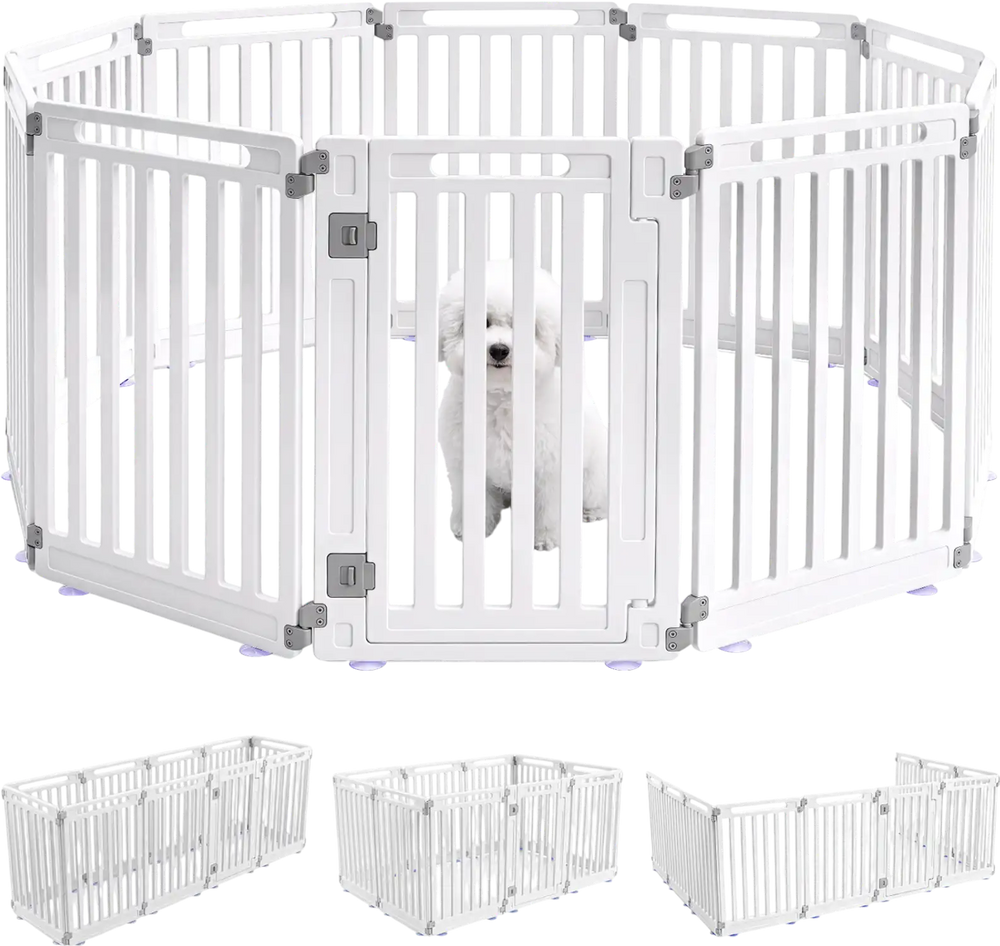 White 31.5" height dog playpen with 10 panels, made of durable HDPE, suitable for indoor and outdoor use.