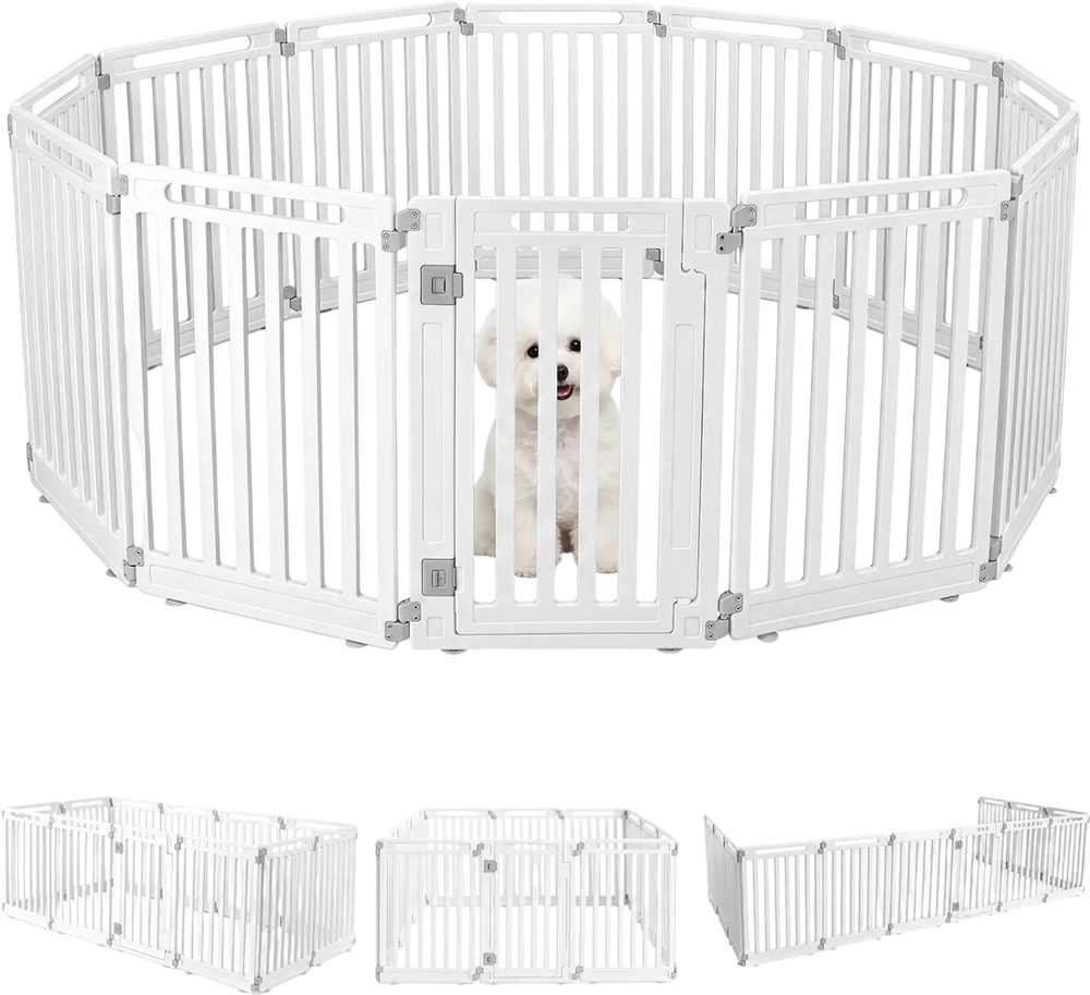 Indoor outdoor dog playpen with 12 panels in white, made of durable HDPE material for customizable pet containment.