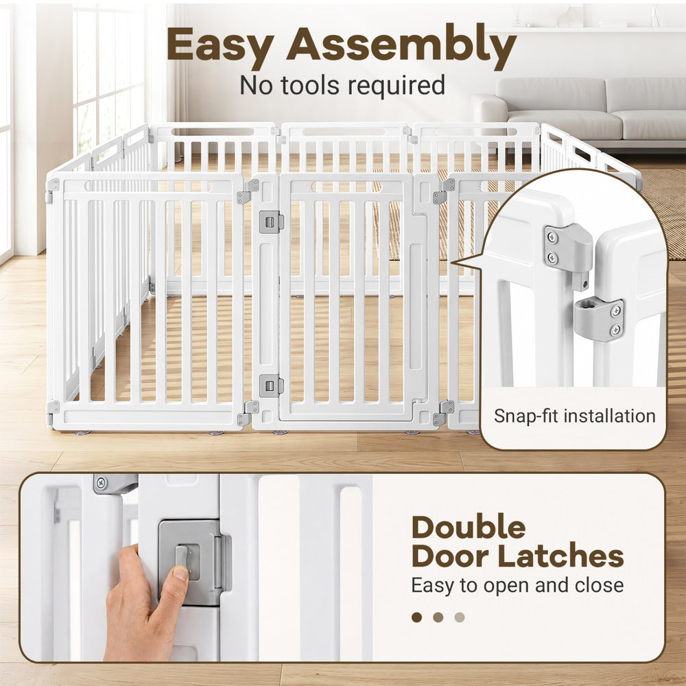 Indoor outdoor dog playpen with 12 panels, made of durable HDPE, featuring easy snap-fit assembly and double door latches.
