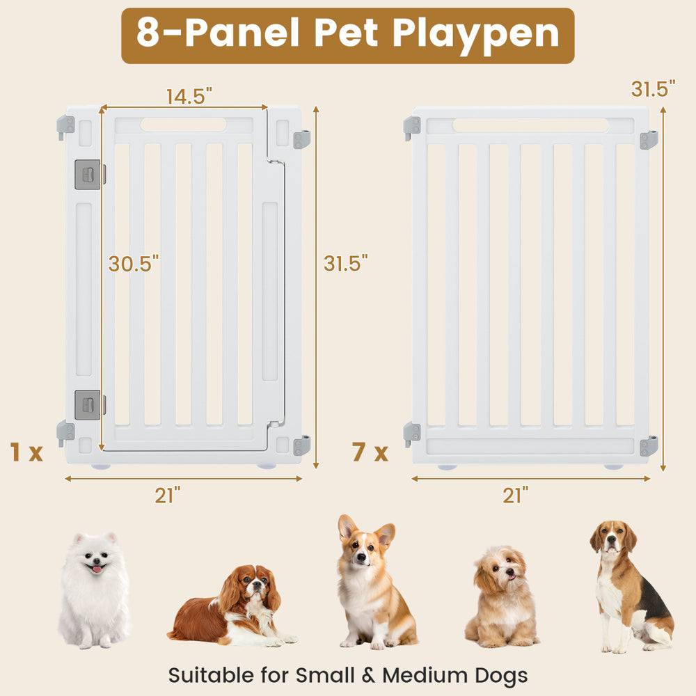 8-panel indoor outdoor dog playpen in white, made of durable HDPE, ideal for customizable pet spaces and travel.