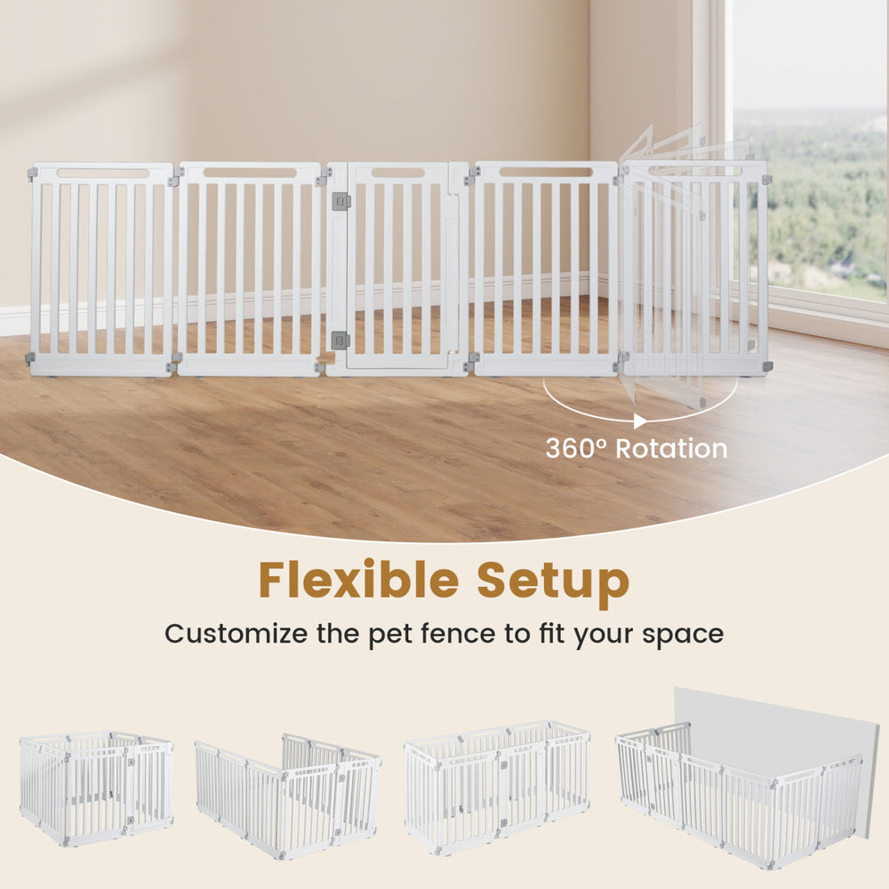 Indoor outdoor dog playpen with 16 panels in white, made of durable HDPE, customizable for various spaces and uses.