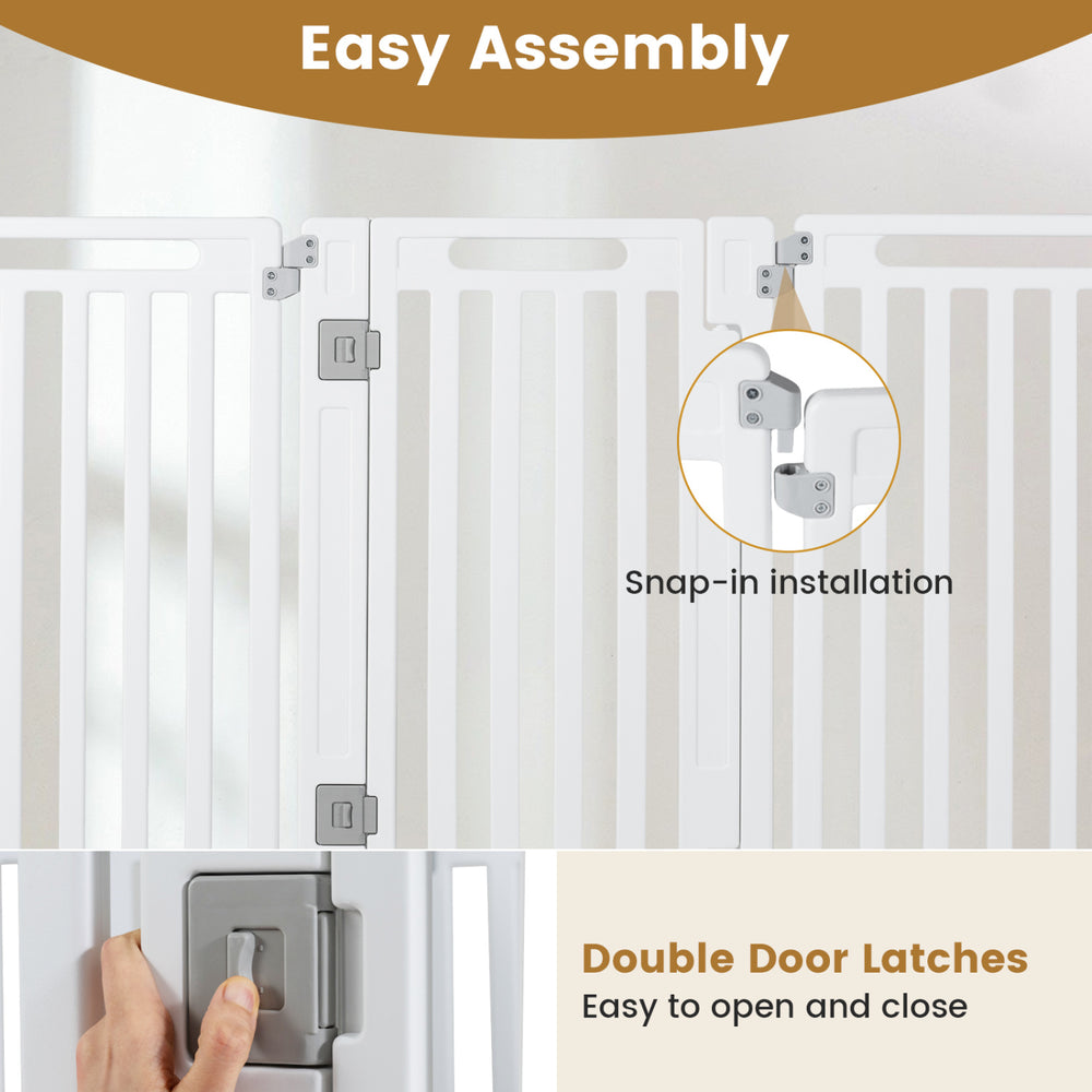 Indoor outdoor dog playpen with 16 panels, featuring easy snap-in assembly and double door latches for convenience.