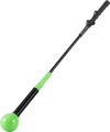 Green 31.5-inch golf swing trainer aid with weighted head, fiberglass shaft, and ergonomic handle for improved swing.