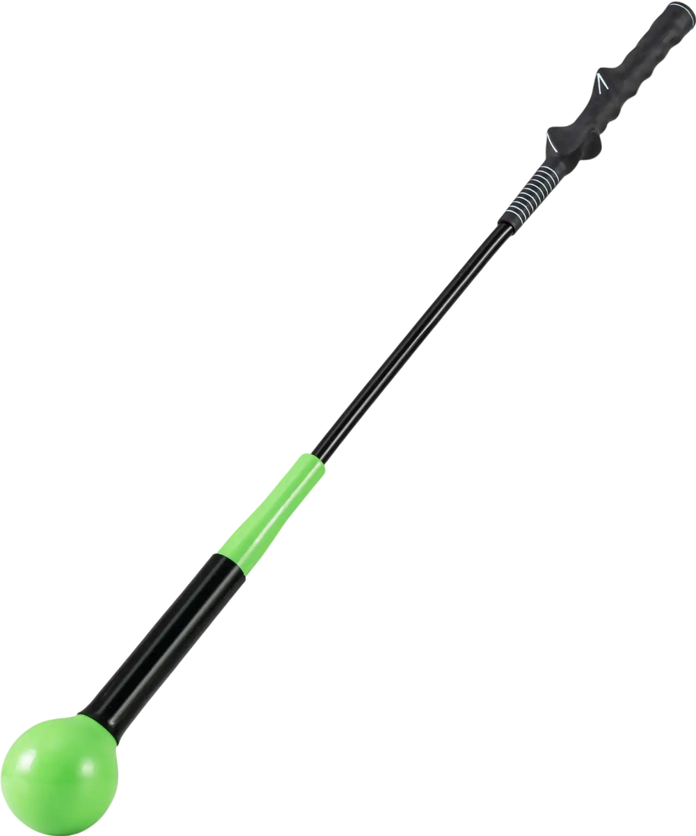 Green 31.5-inch golf swing trainer aid with weighted head, fiberglass shaft, and ergonomic handle for improved swing.
