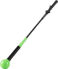 Green 31.5-inch golf swing trainer aid with weighted head, fiberglass shaft, and ergonomic handle for improved swing.