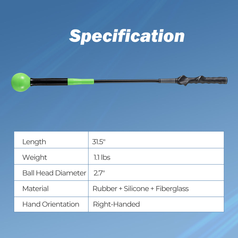 31.5-inch golf swing trainer aid with weighted green head, fiberglass shaft, designed for right-handed golfers.