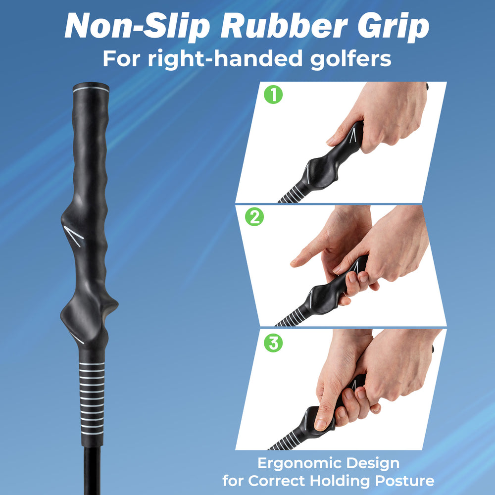 Ergonomic non-slip rubber grip of the 31.5-inch golf swing trainer aid for right-handed golfers, enhancing balance and.