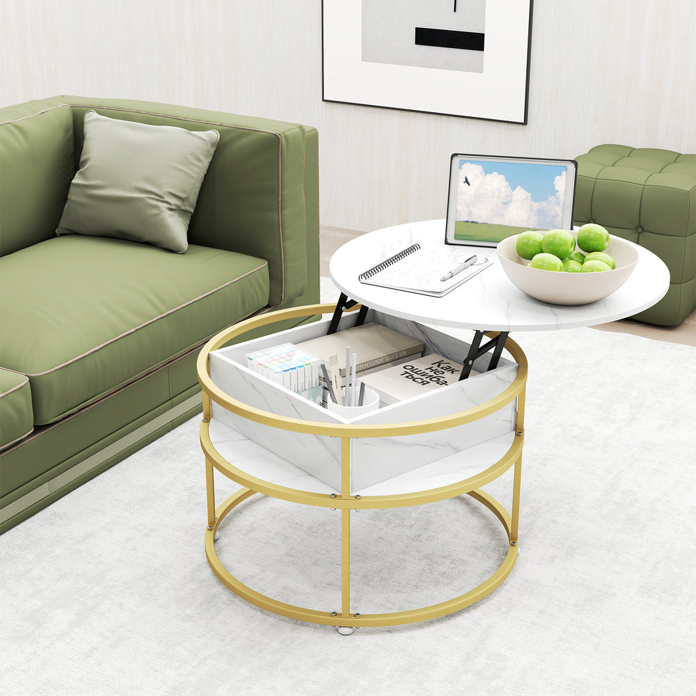 31.5 Inch Round Lift Top Coffee Table with Hidden Compartment and Side Shelves-White - Gallery View 1 of 7